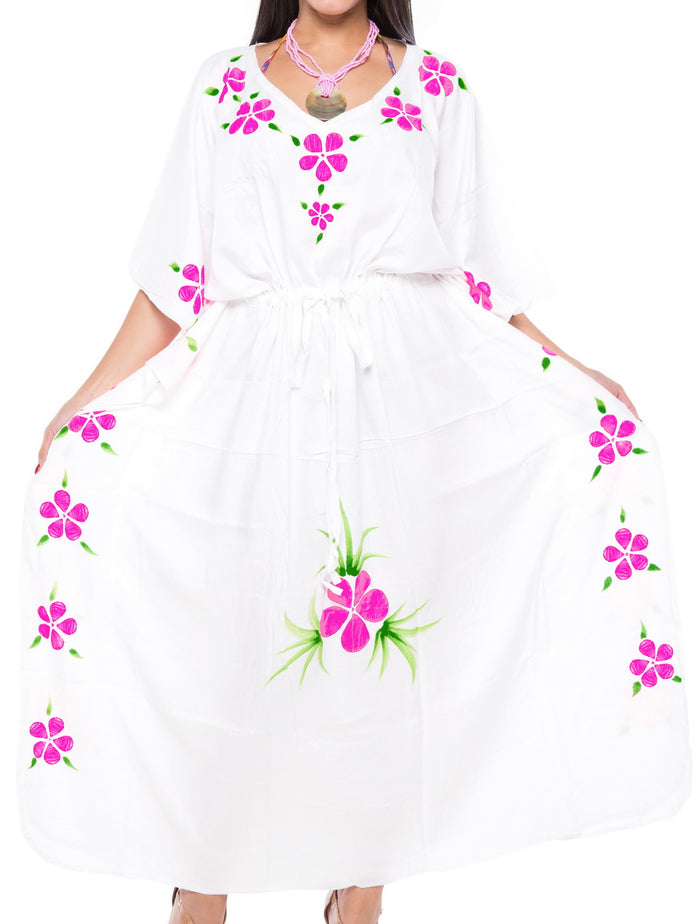 la leela LA LEELA Lounge Rayon Printed Long Caftan Vacation Girls White_4064 OSFM 12-20W [L-2X]