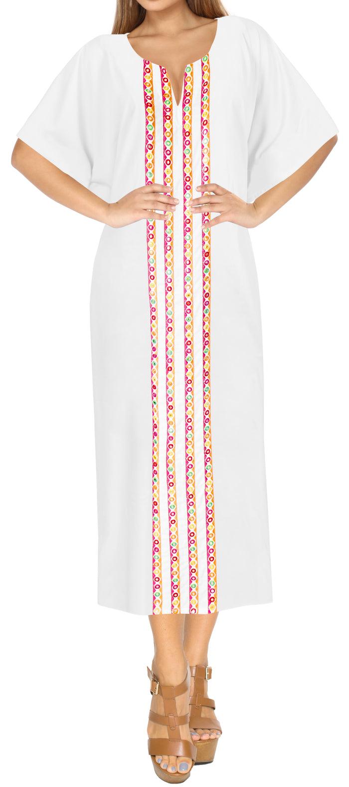 la leela LA LEELA Lounge Rayon Printed Vacation Caftan Womens Party Top Ghost White_B296