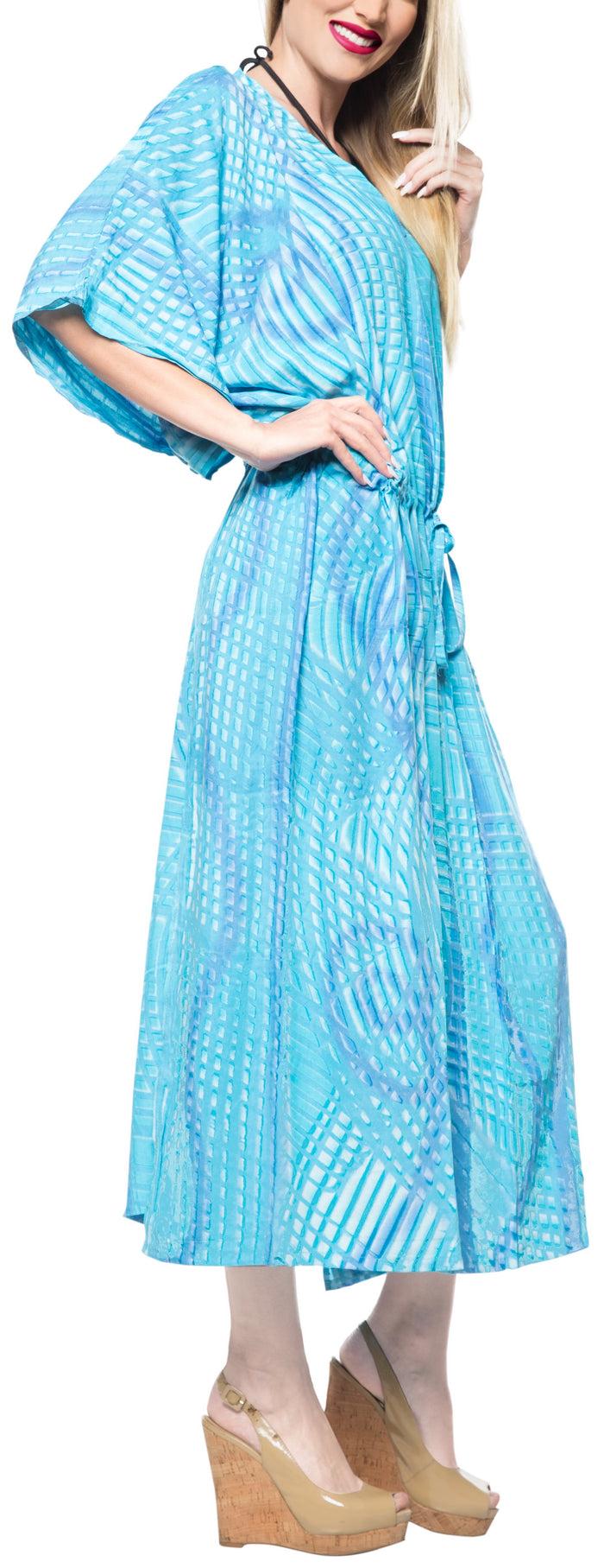 La Leela LA LEELA Lounge Rayon Tie_Dye Long Caftan Dress Women Turquoise_1374 OSFM 14-32W [L-5X]