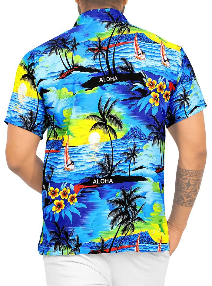 La Leela LA LEELA Men Casual Beach Hawaiian Shirt Aloha Theme Tropical Beach Front Pocket Short Sleeve Blue