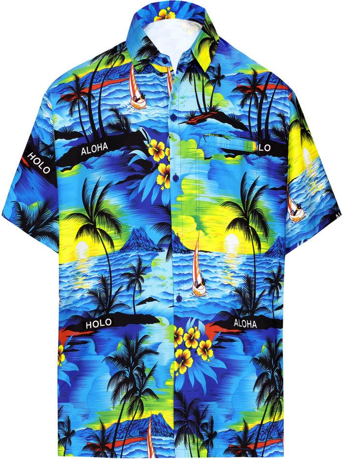 La Leela LA LEELA Men Casual Beach Hawaiian Shirt Aloha Theme Tropical Beach Front Pocket Short Sleeve Blue