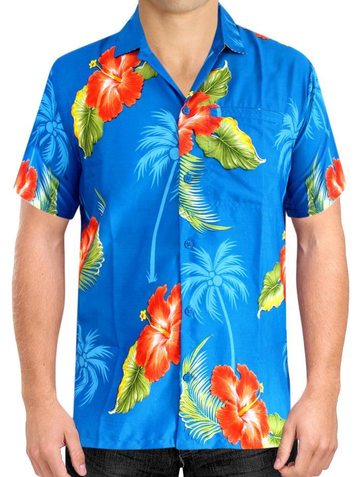la leela LA LEELA Men Casual Beach hawaiian Shirt Aloha Tropical Beach front Short sleeve Regular fit Blue