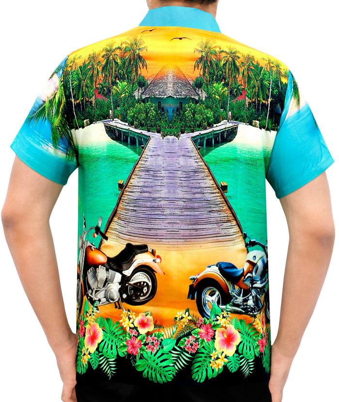 La Leela LA LEELA Men Casual Beach Wear Hawaiian Shirt Aloha Tropical Beach Front Pocket Short Sleeve Green