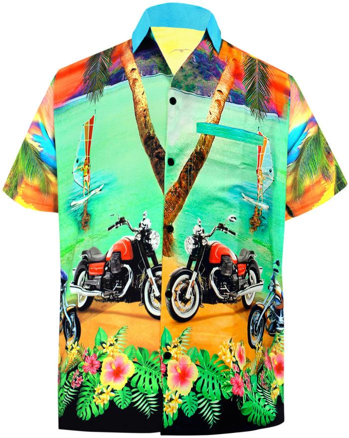 la leela LA LEELA Men Casual Beach wear hawaiian Shirt Aloha Tropical Beach front Pocket Short sleeve Green