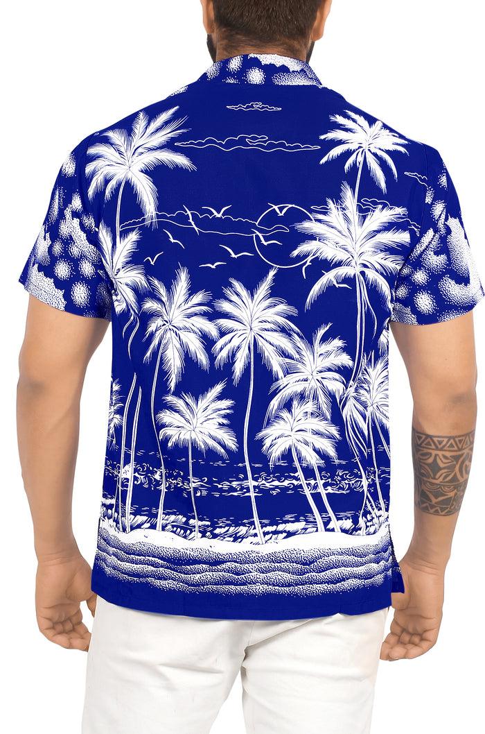 La Leela LA LEELA Men Regular Beach Casual Hawaiian Shirt For Aloha Tropical Beach Front Short Sleeve Palm Tree Printed Blue P00012