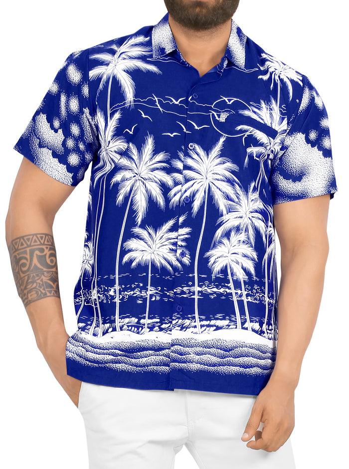la leela LA LEELA Men Regular Beach Casual hawaiian Shirt for Aloha Tropical Beach front Short sleeve Palm Tree Printed Blue P00012
