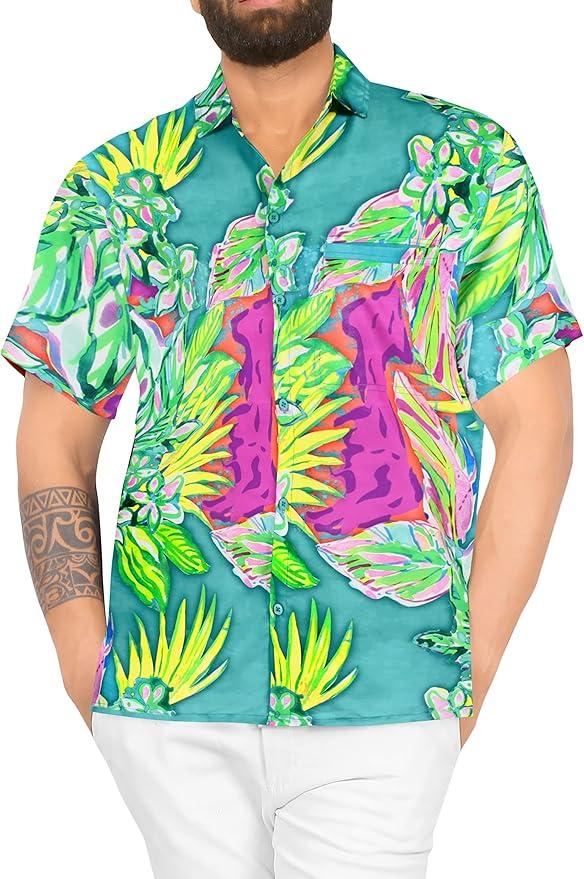 la leela LA LEELA Men Regular Beach Casual hawaiian Shirt Sea Green Tropical P00105