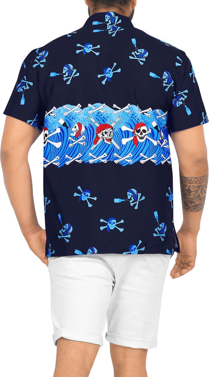 La Leela LA LEELA Men Regular Size Beach Hawaiian Shirt Aloha Tropical Beach Front Pocket Short Sleeve Blue P00037