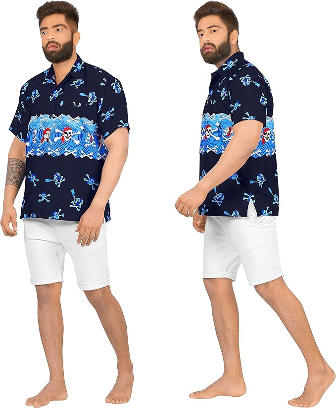 La Leela LA LEELA Men Regular Size Beach Hawaiian Shirt Aloha Tropical Beach Front Pocket Short Sleeve Blue P00037