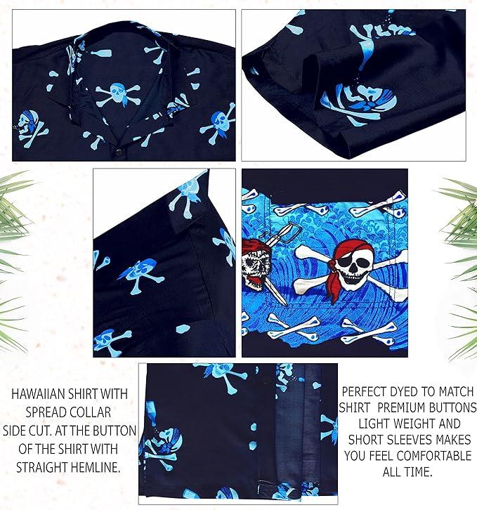 La Leela LA LEELA Men Regular Size Beach Hawaiian Shirt Aloha Tropical Beach Front Pocket Short Sleeve Blue P00037