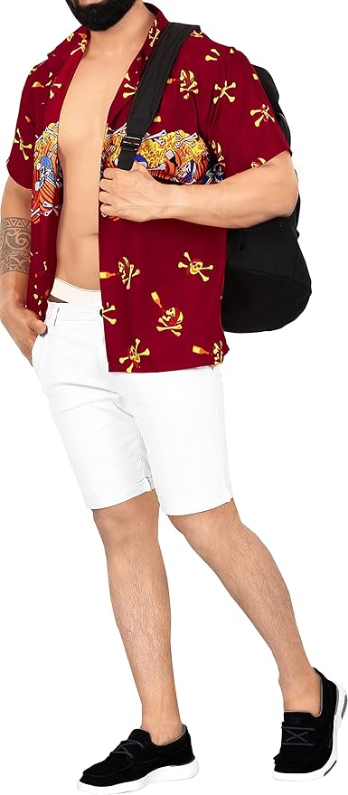 La Leela LA LEELA Men Regular Size Beach Hawaiian Shirt Aloha Tropical Beach Front Pocket Short Sleeve Red P00027