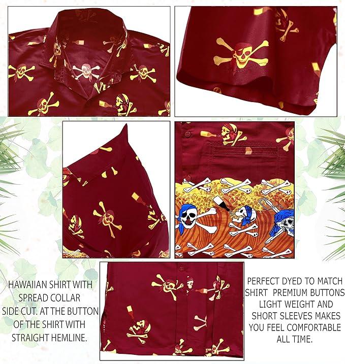 La Leela LA LEELA Men Regular Size Beach Hawaiian Shirt Aloha Tropical Beach Front Pocket Short Sleeve Red P00027