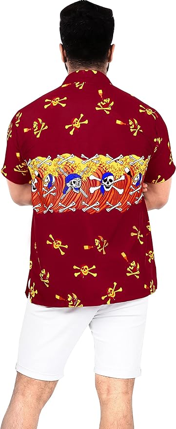 La Leela LA LEELA Men Regular Size Beach Hawaiian Shirt Aloha Tropical Beach Front Pocket Short Sleeve Red P00027