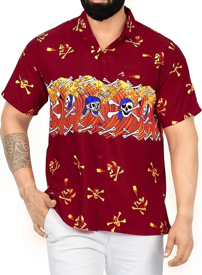 la leela LA LEELA Men Regular Size Beach hawaiian Shirt Aloha Tropical Beach front Pocket Short sleeve Red P00027