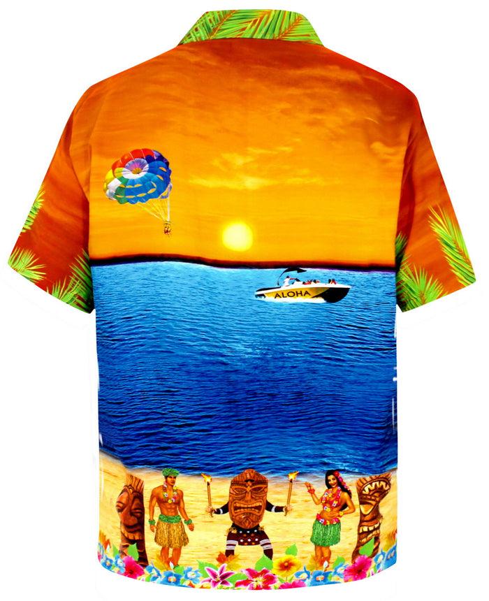 La Leela LA LEELA Men Regular Size Beach Hawaiian Shirt Aloha Tropical Beach Front Pocket Short Sleeve Orange