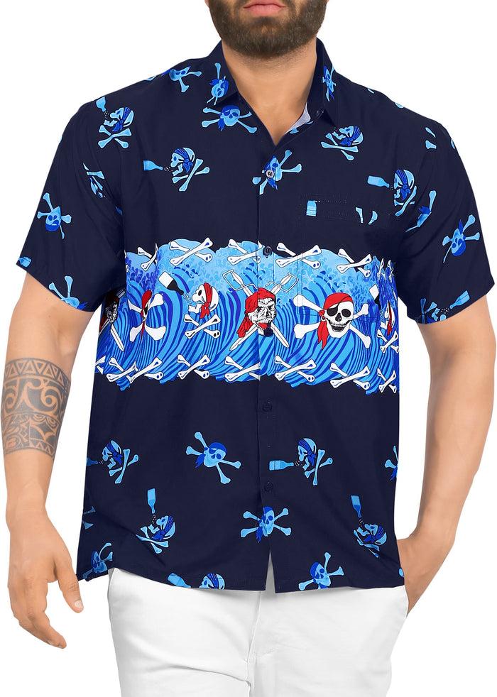 la leela LA LEELA Men Regular Size Beach hawaiian Shirt Aloha Tropical Beach front Pocket Short sleeve Blue P00037