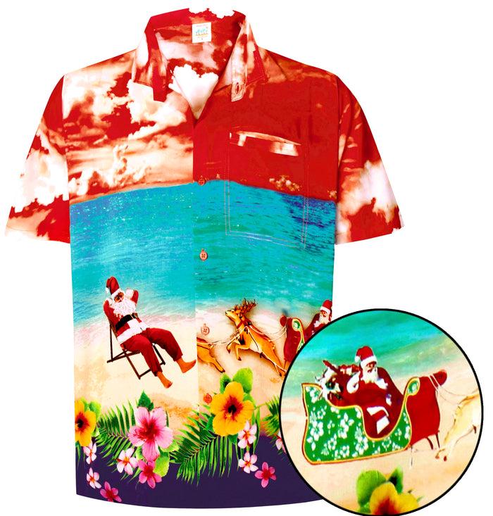 La Leela LA LEELA Men's Casual Beach Hawaiian Shirt Aloha Christmas Santa Front Pocket Short Sleeve Orange_W586