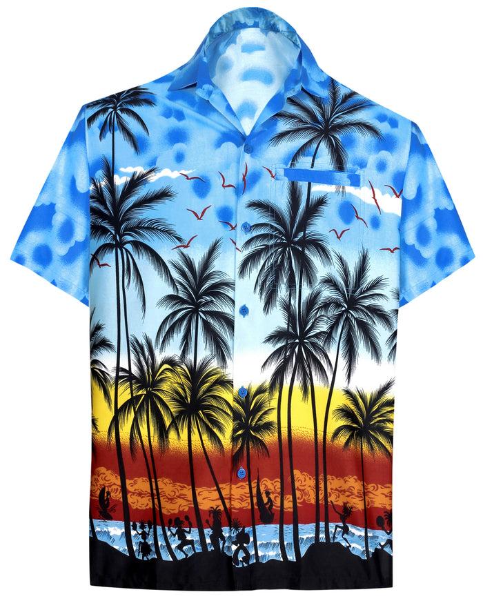 La Leela LA LEELA Men's Casual Fit Beach Hawaiian Shirt Aloha Tropical Beach Front Pocket Short Sleeve Blue