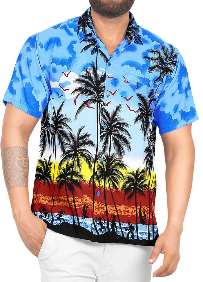 la leela LA LEELA Men's Casual fit Beach hawaiian Shirt Aloha Tropical Beach front Pocket Short sleeve Blue