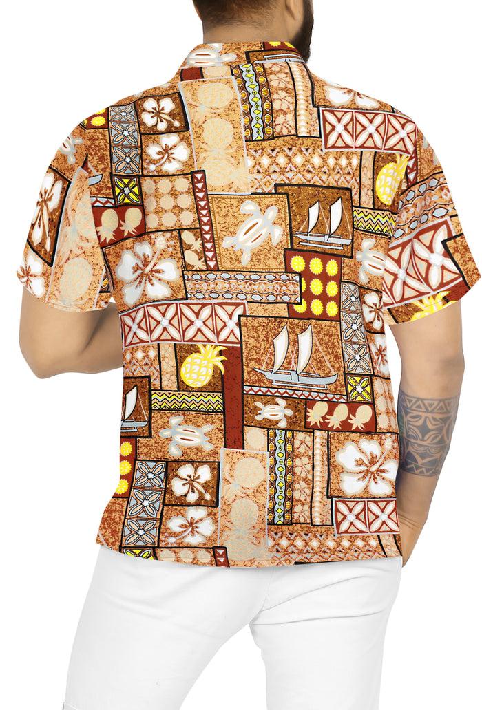 La Leela LA LEELA Men's Hawaiian Shirt Holiday Tropical Hawaii Collage Autumn Brown