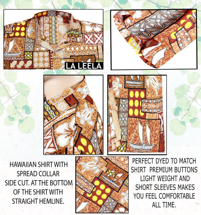 La Leela LA LEELA Men's Hawaiian Shirt Holiday Tropical Hawaii Collage Autumn Brown