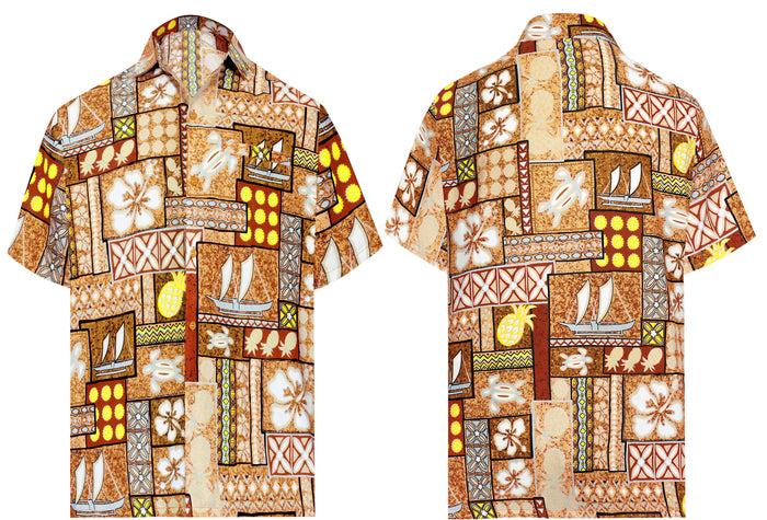 La Leela LA LEELA Men's Hawaiian Shirt Holiday Tropical Hawaii Collage Autumn Brown