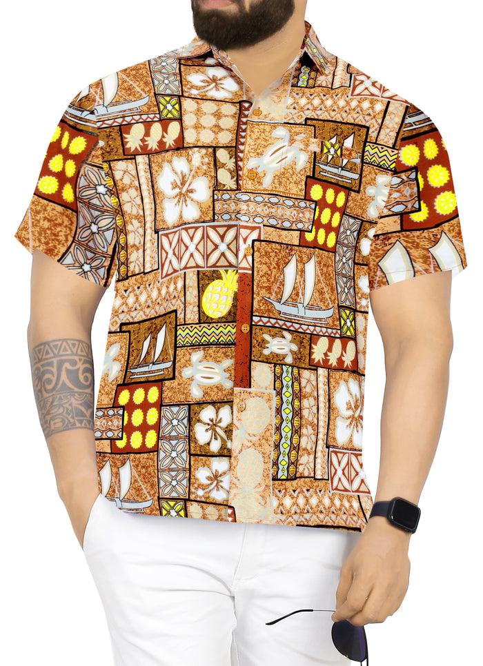 la leela LA LEELA Men's Hawaiian Shirt Holiday Tropical Hawaii Collage Autumn Brown