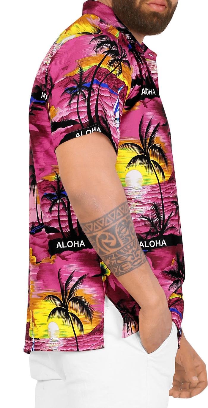 La Leela LA LEELA Men's Pink Breast Cancer Shirt Breezy Surf Hawaiian Tropical Aloha Beach Short Sleeve Casual Shirt Pink_W33