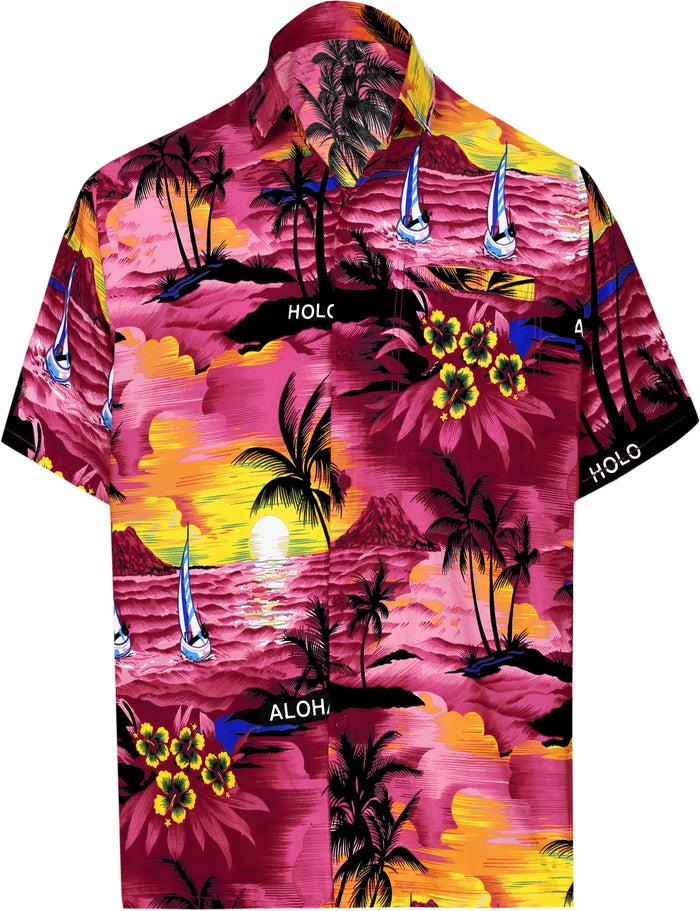 La Leela LA LEELA Men's Pink Breast Cancer Shirt Breezy Surf Hawaiian Tropical Aloha Beach Short Sleeve Casual Shirt Pink_W33