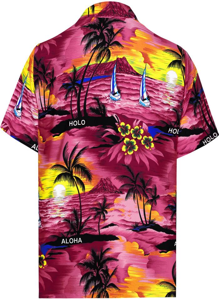 La Leela LA LEELA Men's Pink Breast Cancer Shirt Breezy Surf Hawaiian Tropical Aloha Beach Short Sleeve Casual Shirt Pink_W33
