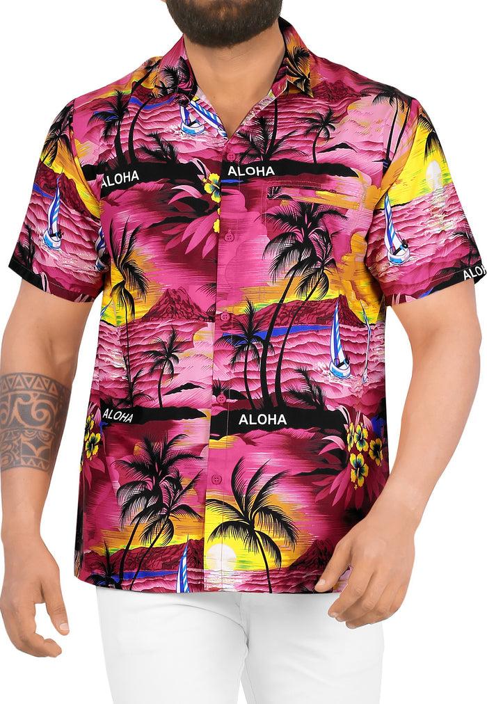 la leela LA LEELA Men's Pink Breast Cancer Shirt Breezy Surf Hawaiian Tropical Aloha Beach Short Sleeve Casual Shirt Pink_W33