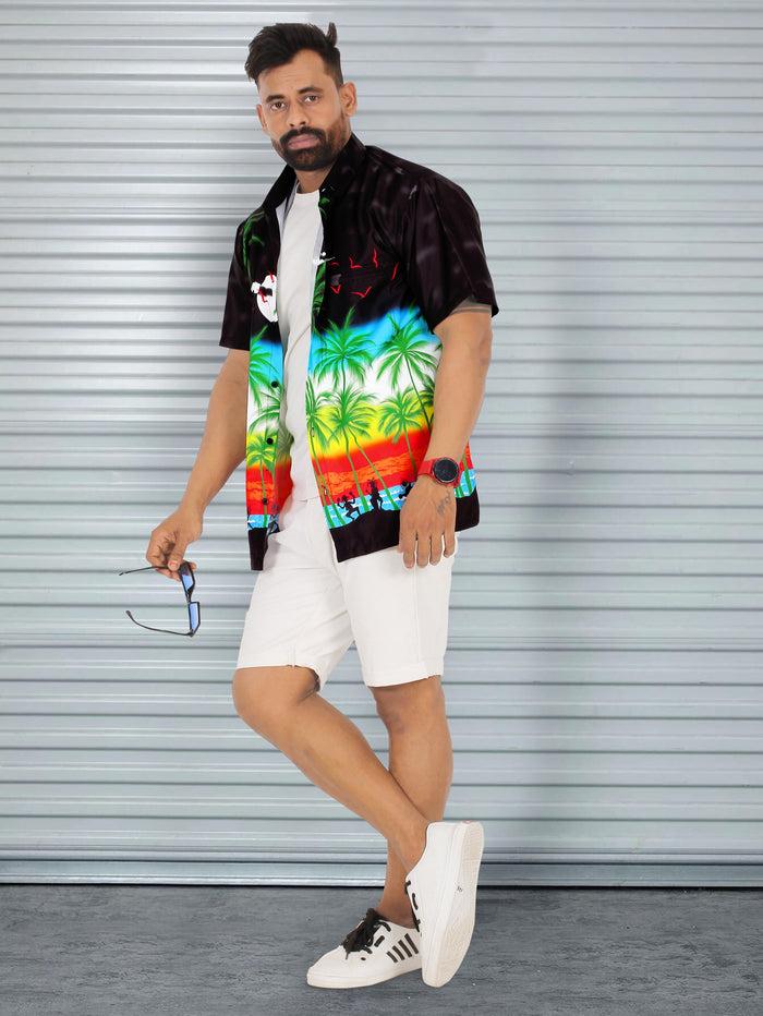 La Leela La Leela Men's Relax Tropical Beach View Palm Tree Hawaiian Shirt Black