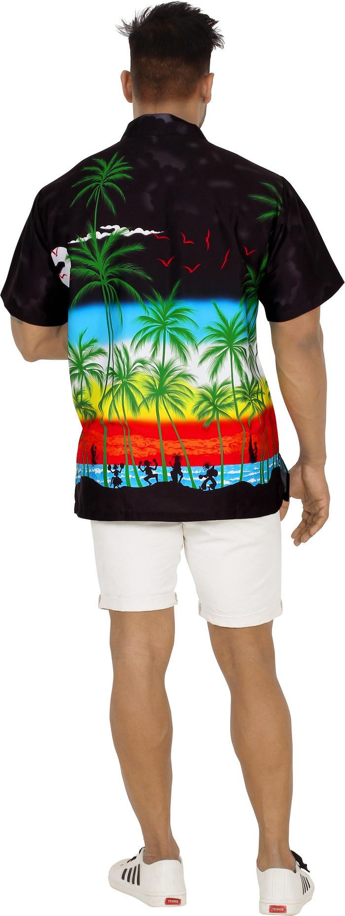 La Leela La Leela Men's Relax Tropical Beach View Palm Tree Hawaiian Shirt Black