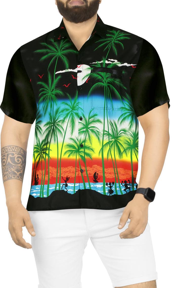 la leela La Leela Men's Relax Tropical Beach View Palm Tree Hawaiian Shirt Black