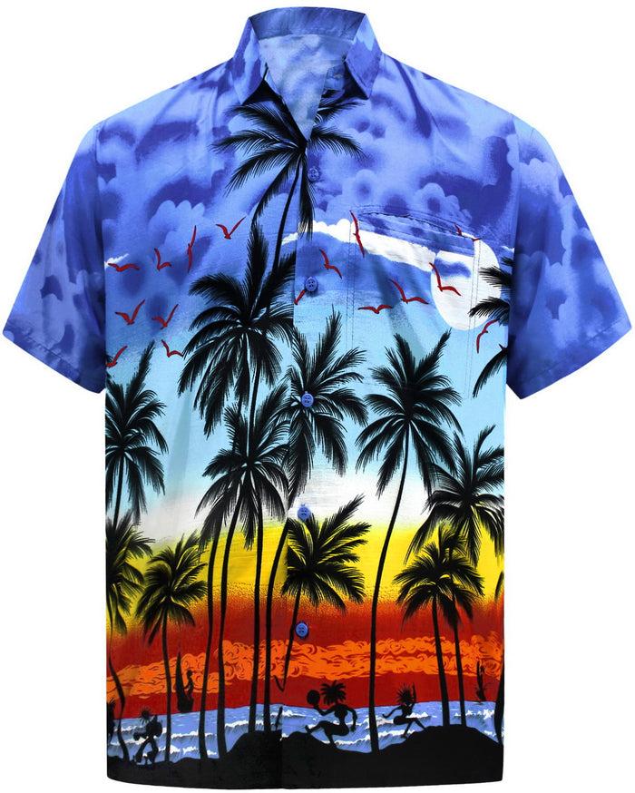 La Leela LA LEELA Men's Relaxed Fit Beach Hawaiian Shirt Aloha Tropical Beach Front Pocket Short Sleeve Palm Tree Printed Blue P00003