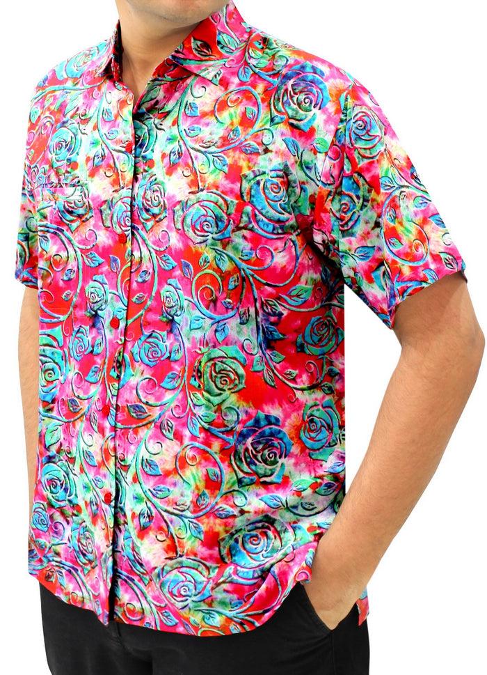 La Leela La Leela Men's Support Pink Breast Cancer Hawaiian Vine Print Beach Aloha Tropical Shirt Pink_W566
