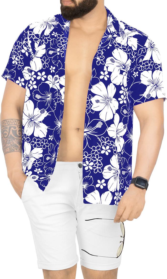 La Leela LA LEELA Mens Hawaiian Shirts Short Sleeve Button Down Shirt Floral Shirt Men Beach Casual Tropical Shirts For Men Funny Allover Hibiscus Blue