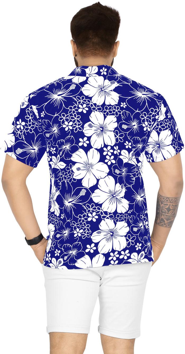 La Leela LA LEELA Mens Hawaiian Shirts Short Sleeve Button Down Shirt Floral Shirt Men Beach Casual Tropical Shirts For Men Funny Allover Hibiscus Blue