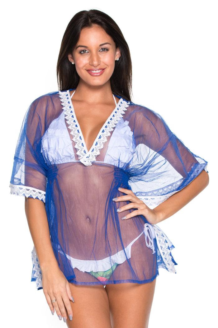 la leela La Leela Net Border Plain Transparent Deep V Neck Beach Cover up Bright Blue
