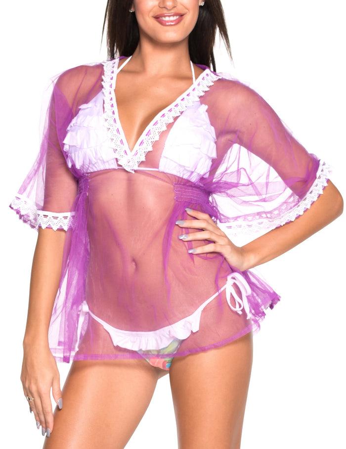 la leela La Leela Net Border Plain Transparent Deep V Neck Beach Cover up Bright Violet