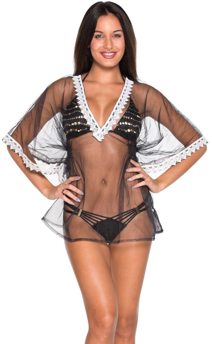 La Leela La Leela Net Deep V Neck Border Plain Transparent Tunic Cover Up Matte Black