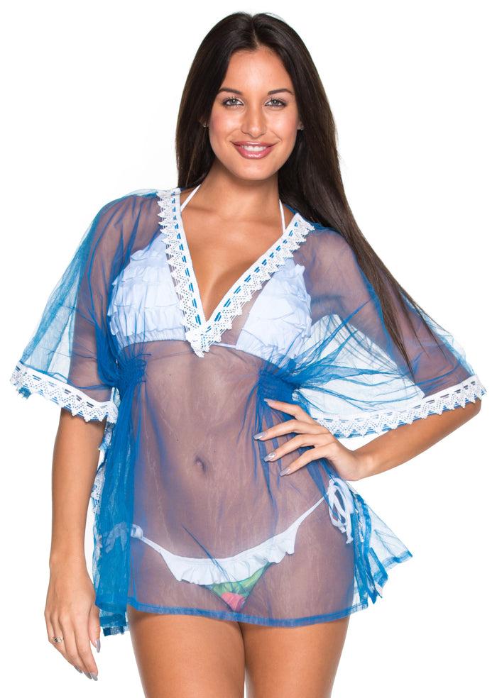 la leela La Leela Net Deep V Neck Border Plain Transparent Tunic Cover up Matte Blue
