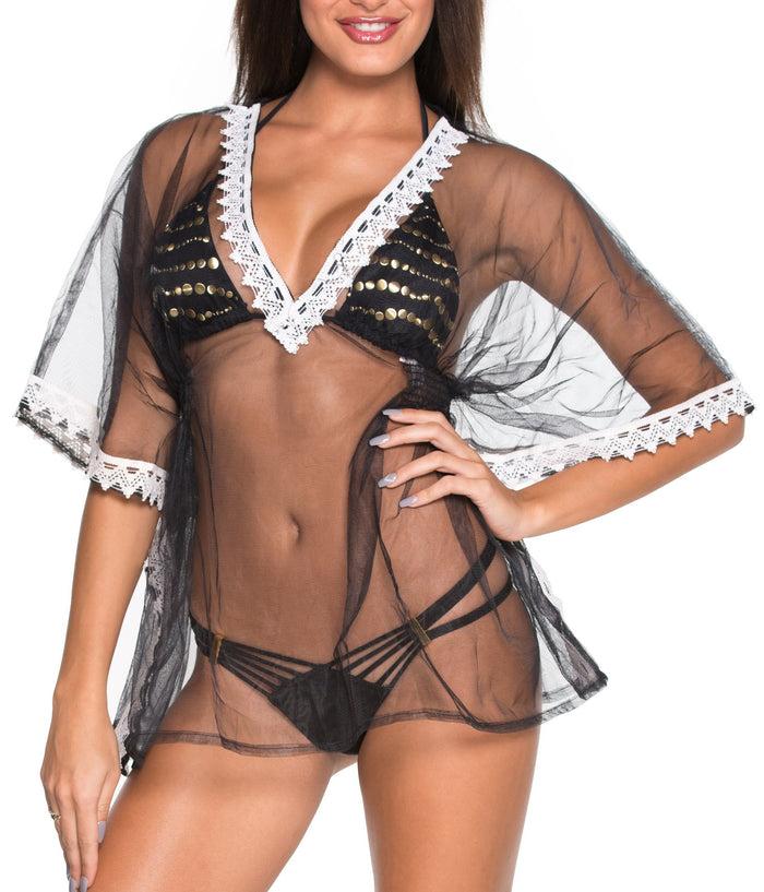 la leela La Leela Net Deep V Neck Border Plain Transparent Tunic Cover up Matte Black