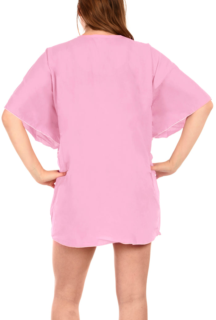 La Leela La Leela Rayon Deep V Neck Solid Pink Bikini Tunic Cover Up Swimsuit Women