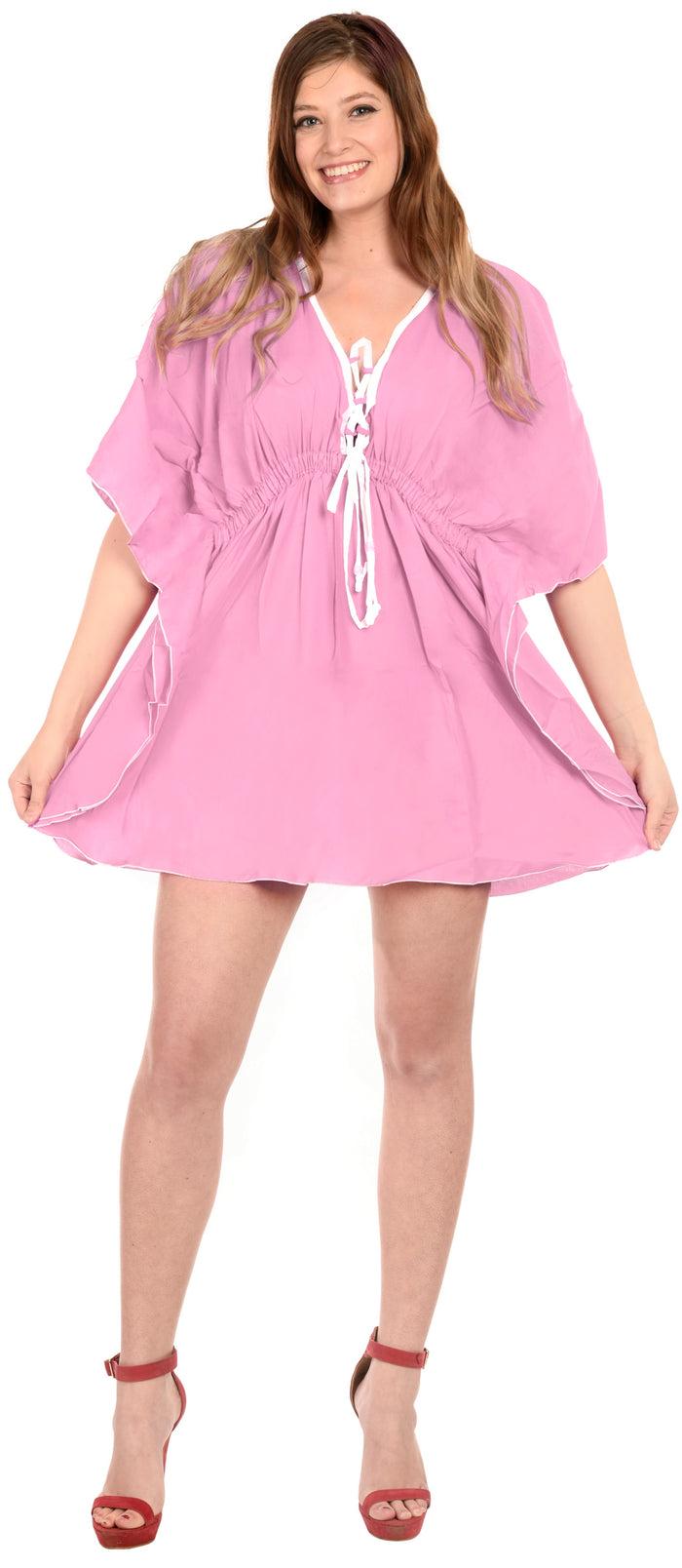 La Leela La Leela Rayon Deep V Neck Solid Pink Bikini Tunic Cover Up Swimsuit Women