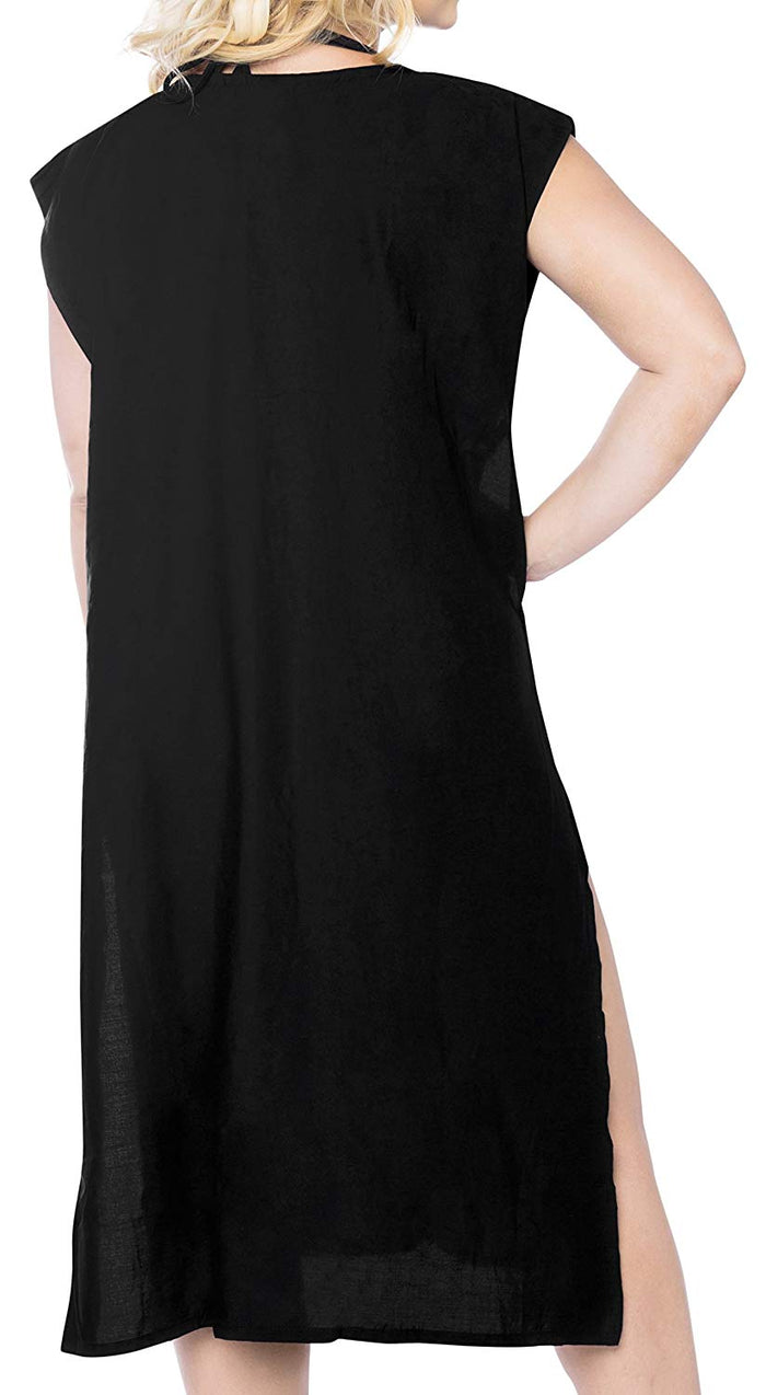 La Leela LA LEELA Rayon Solid Hawaiian Beach Cover Up OSFM 8-14 [M-L] Black_6321