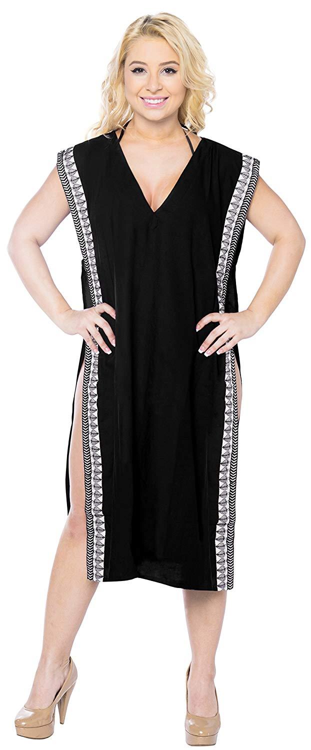 La Leela LA LEELA Rayon Solid Hawaiian Beach Cover Up OSFM 8-14 [M-L] Black_6321