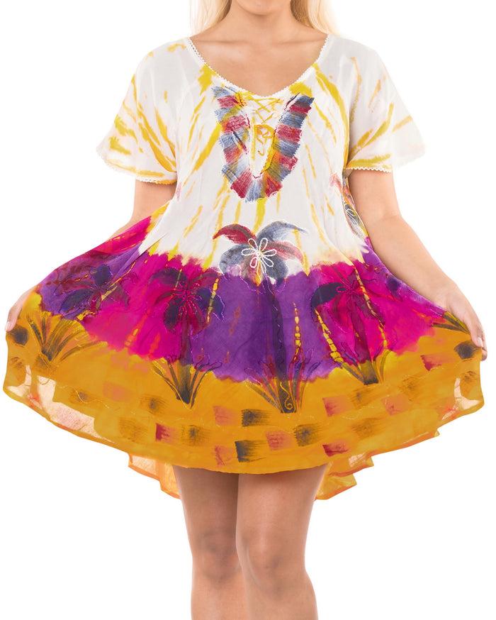 La Leela LA LEELA Rayon Tie Dye Halter Casual DRESS Beach Cover Upes Top Swimwear Tunic Yellow WhitePlus Size