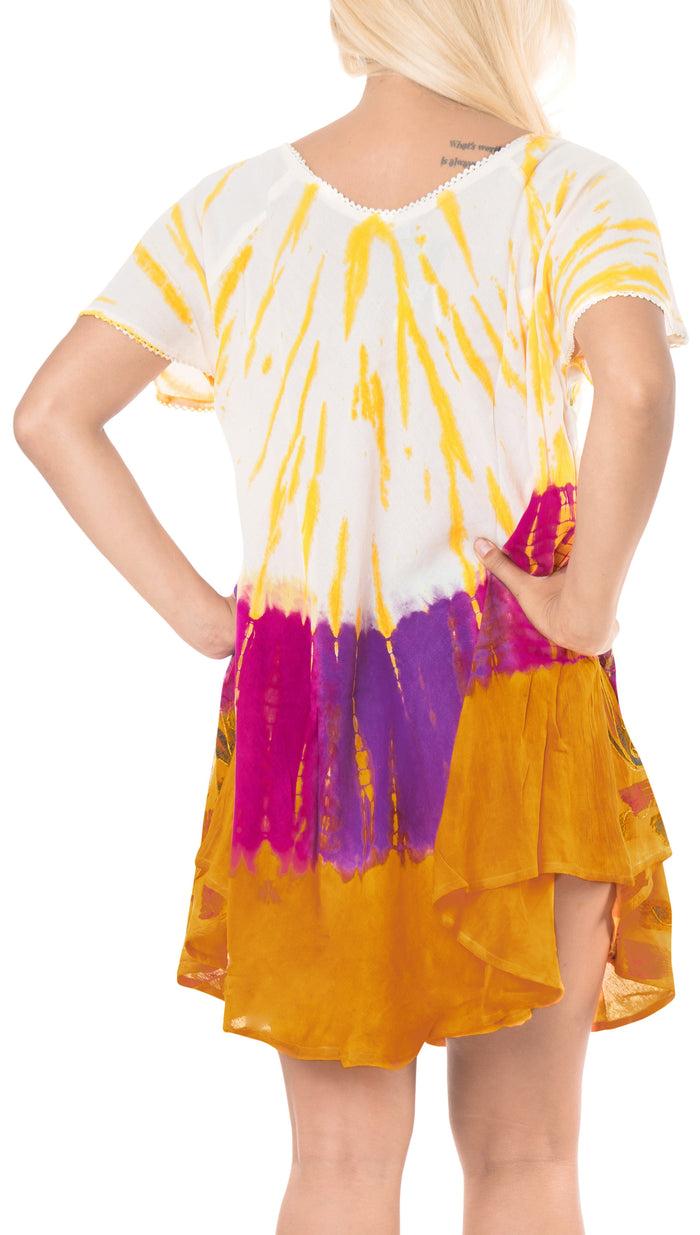 La Leela LA LEELA Rayon Tie Dye Halter Casual DRESS Beach Cover Upes Top Swimwear Tunic Yellow WhitePlus Size
