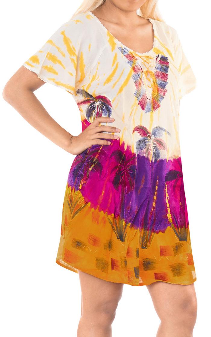 La Leela LA LEELA Rayon Tie Dye Halter Casual DRESS Beach Cover Upes Top Swimwear Tunic Yellow WhitePlus Size